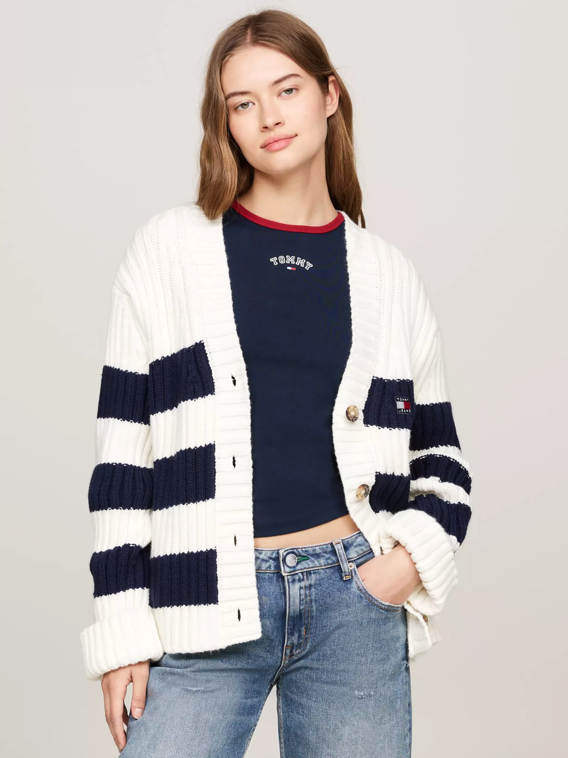 Tommy Hilfiger Kardigany | Dzianina^Kardigan Oversize Z Domieszką Wełny Z Logo