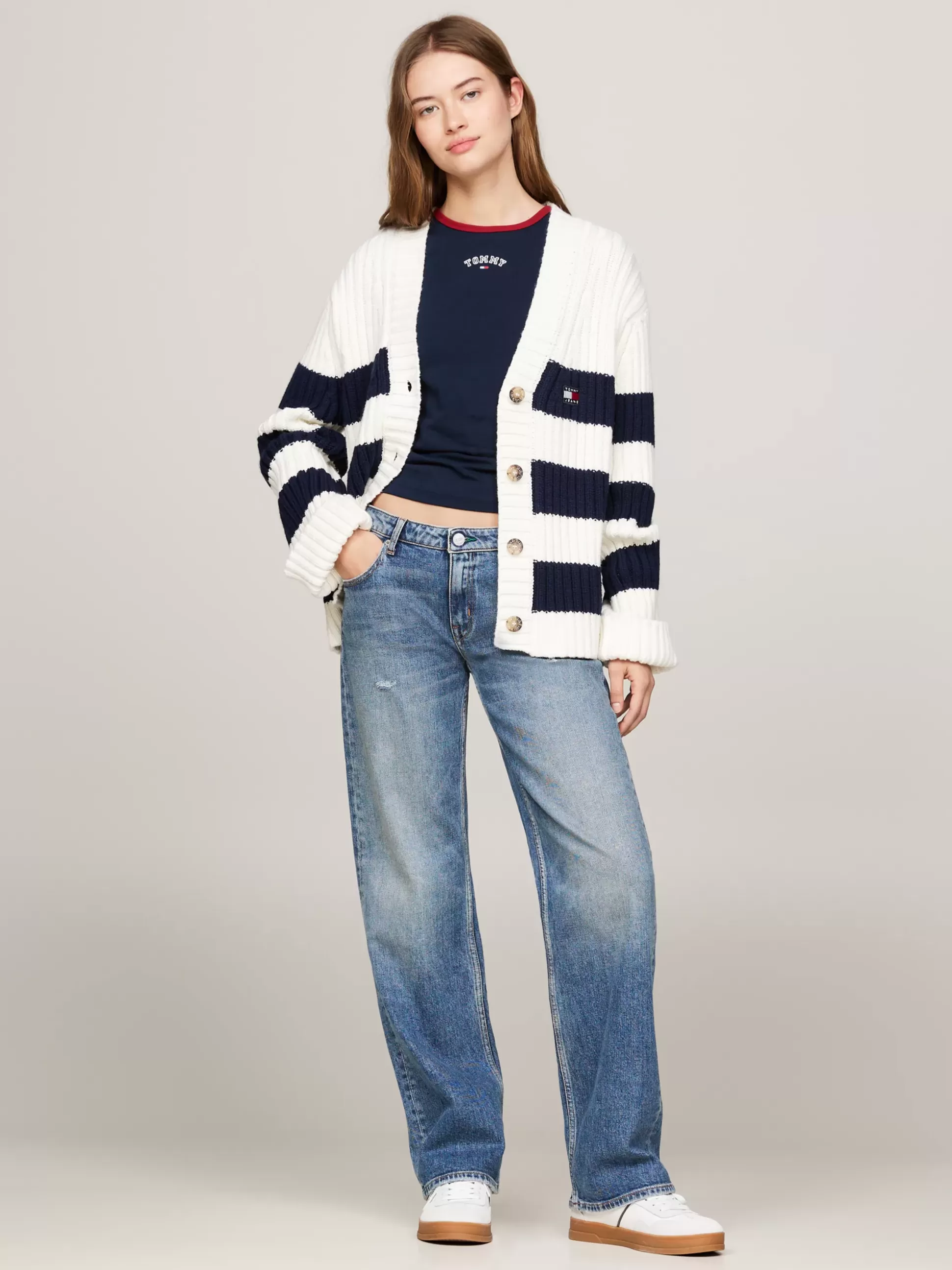 Tommy Hilfiger Kardigany | Dzianina^Kardigan Oversize Z Domieszką Wełny Z Logo