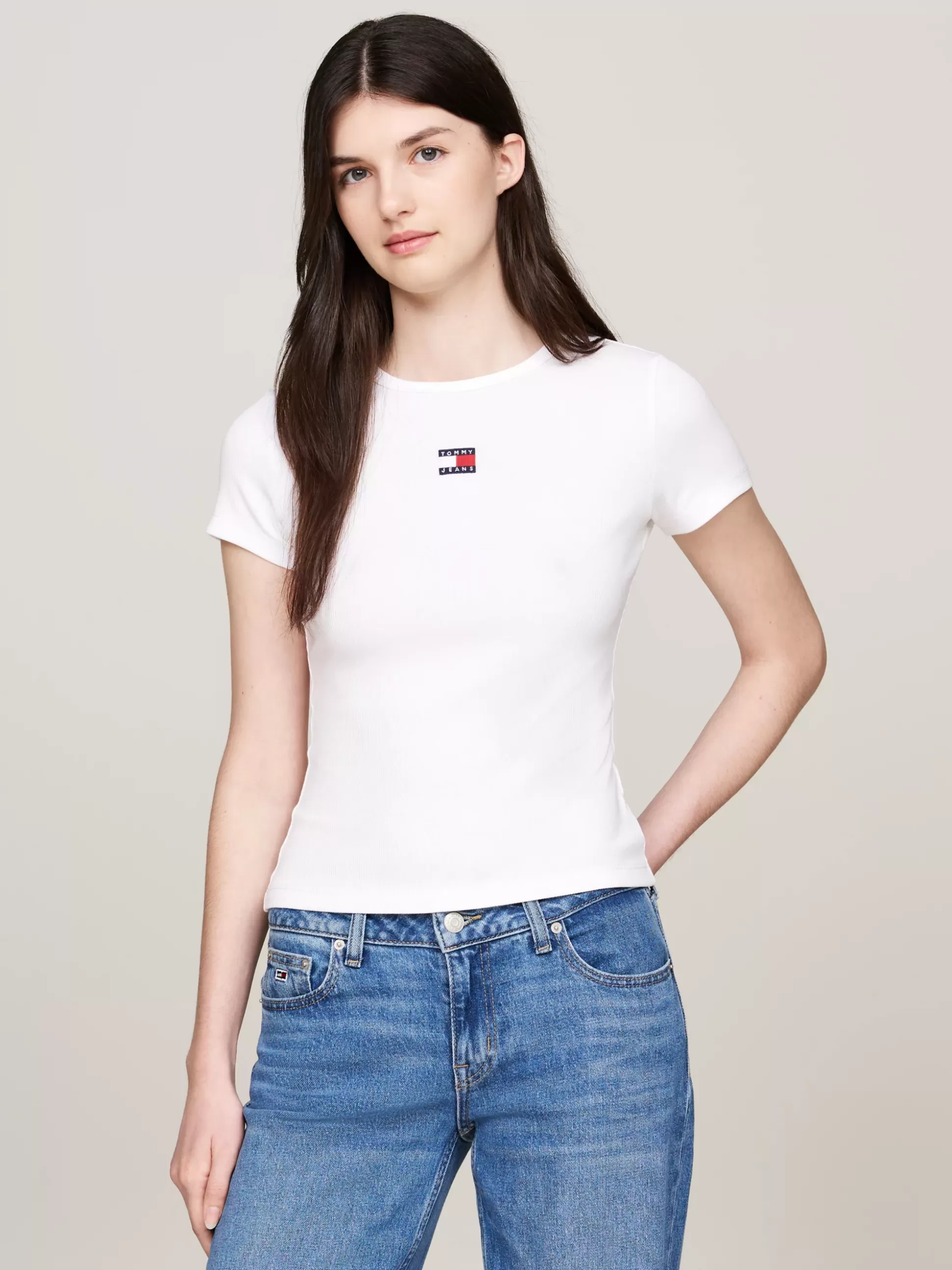 Tommy Hilfiger T-Shirty^Prążkowany T-shirt Z Naszywką Tommy