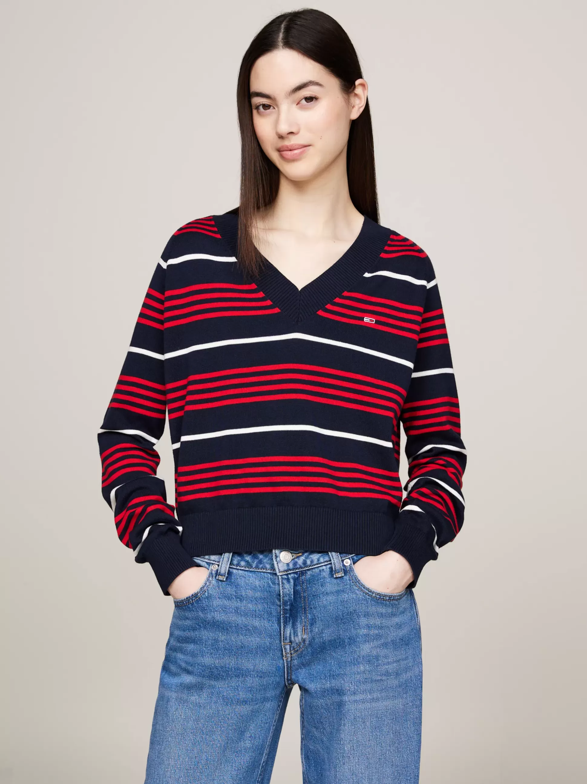 Tommy Hilfiger Swetry | Dzianina^Sweter Z Dekoltem W Szpic I Wzorem W Paski