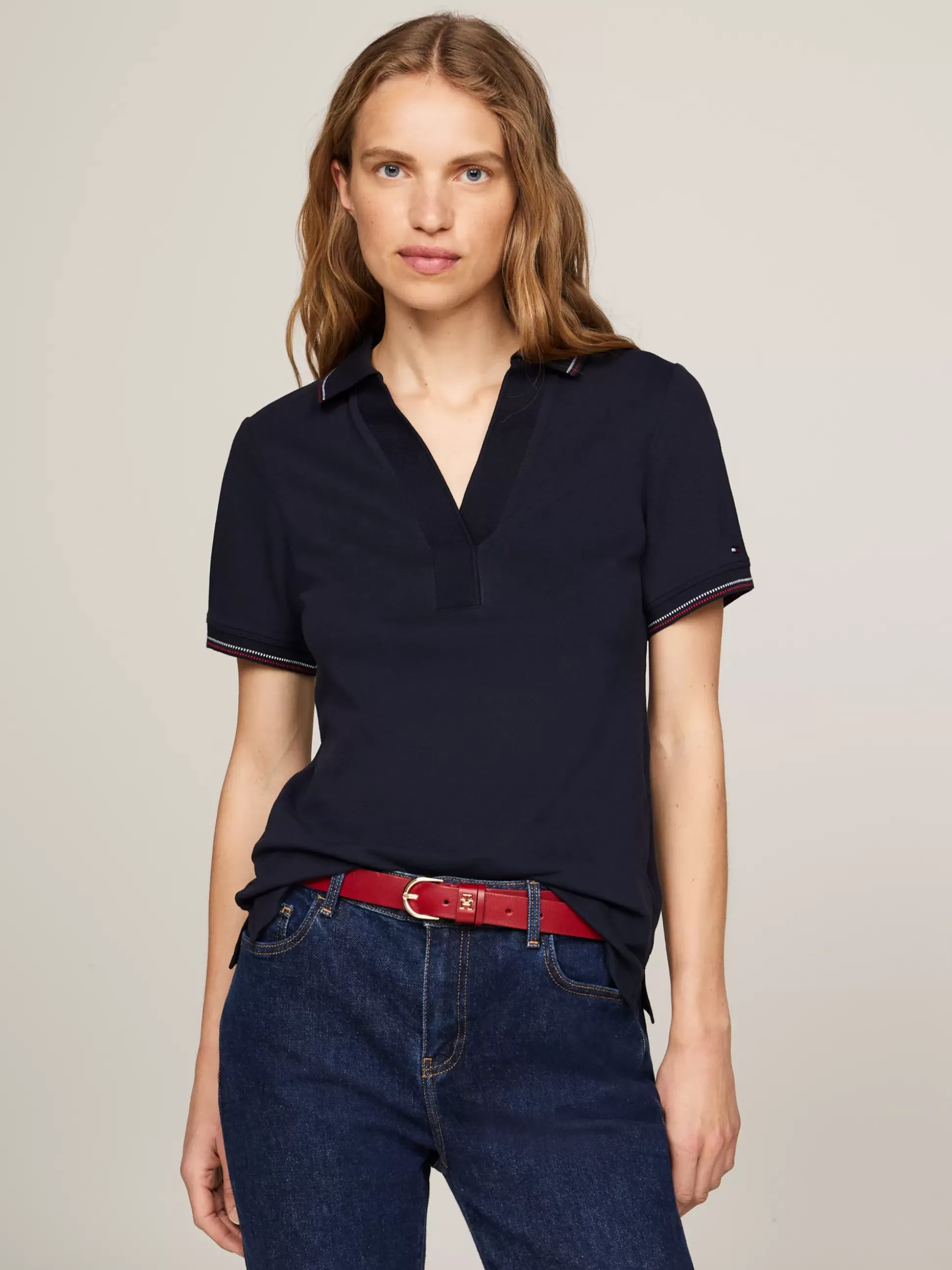 Tommy Hilfiger Koszulki Polo^Wąska Koszulka Polo Z Otwartym Dekoltem