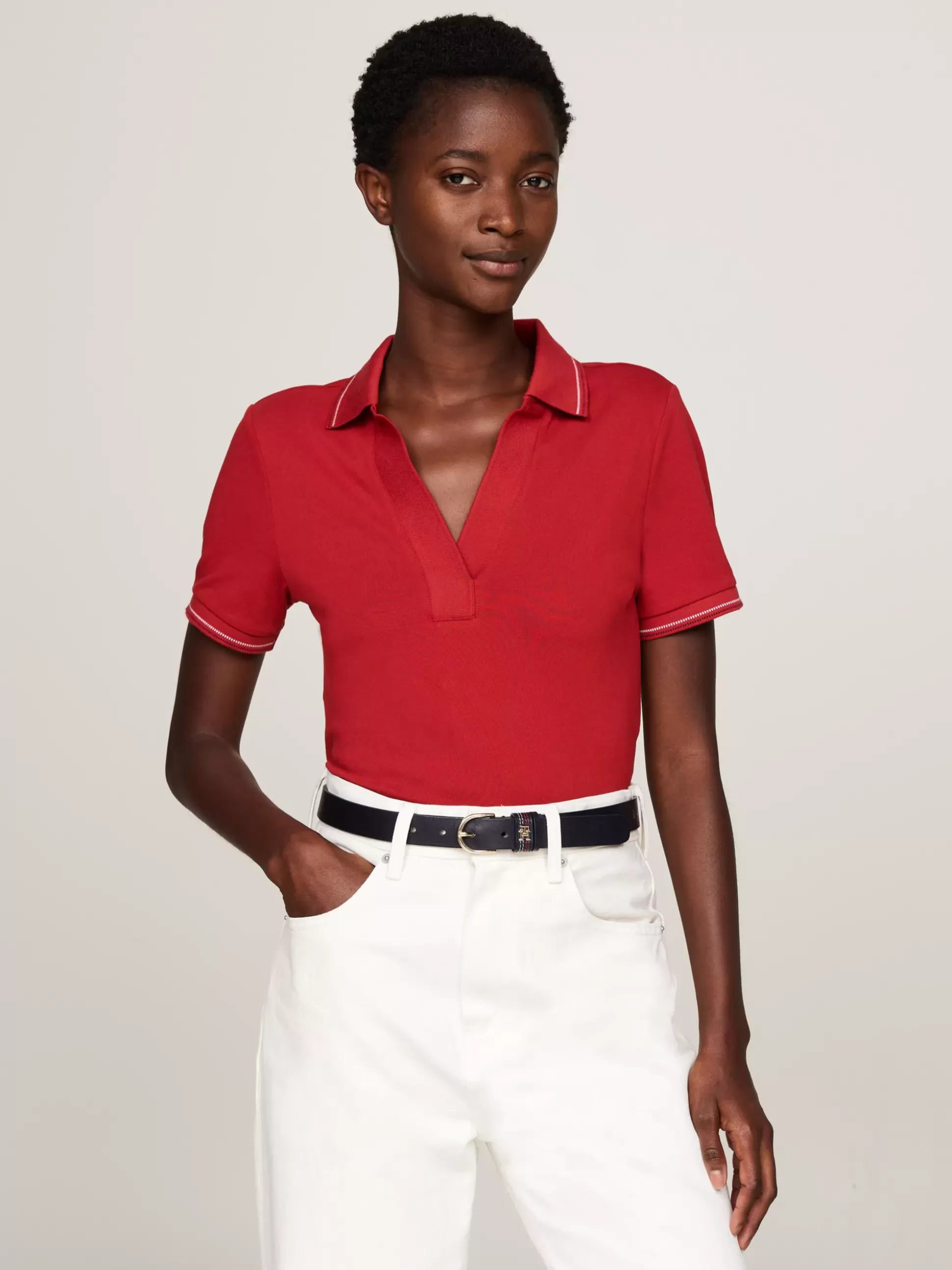 Tommy Hilfiger Koszulki Polo^Wąska Koszulka Polo Z Otwartym Dekoltem